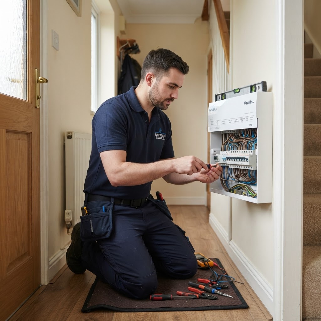 Electrician installing a new consumer unit in a family home