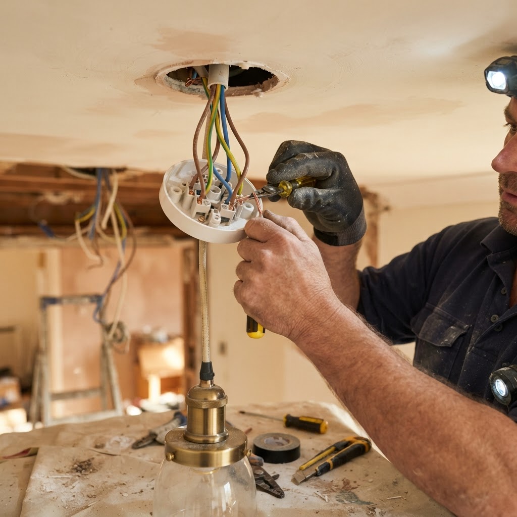 Close-up of wiring work during a house rewire