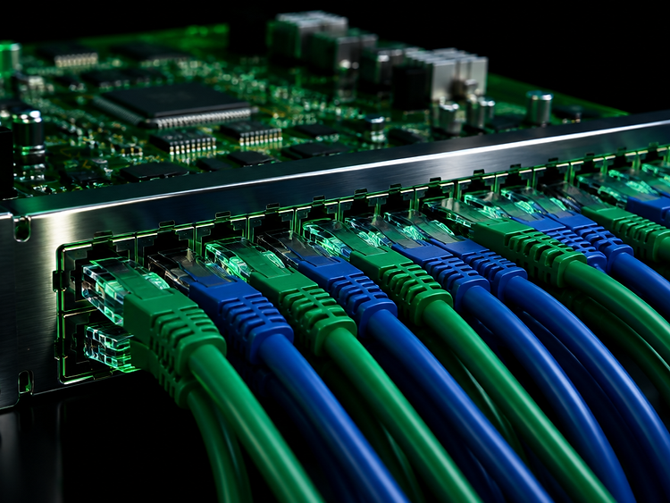 Patch panel de rede com cabos conectados, iluminação verde
