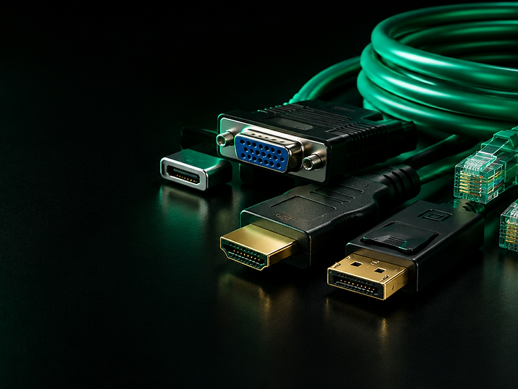 Conectores, adaptadores e cabos de informática sobre superfície escura