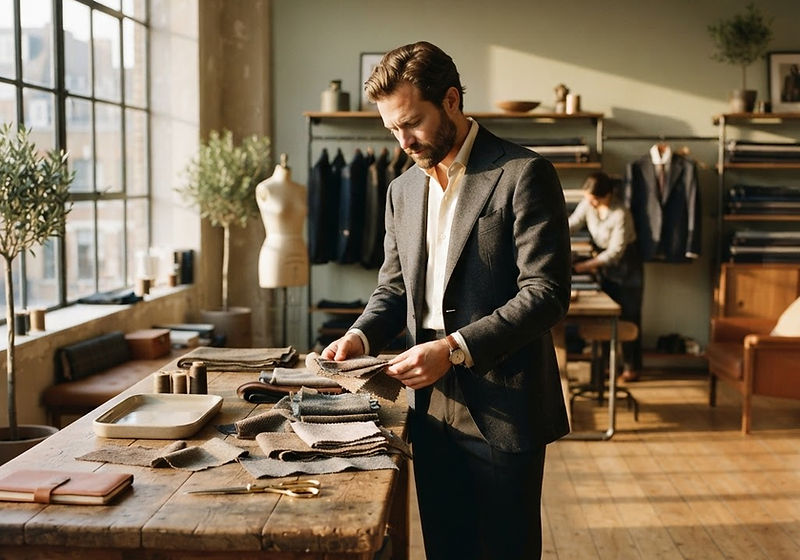 A man in a tailored blazer in a sunlit studio