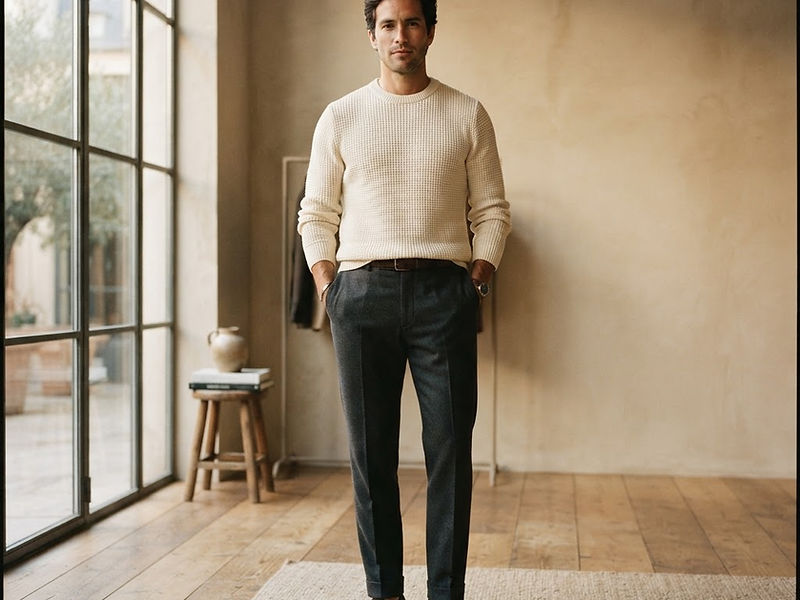 Man in premium knitwear in a sunlit studio