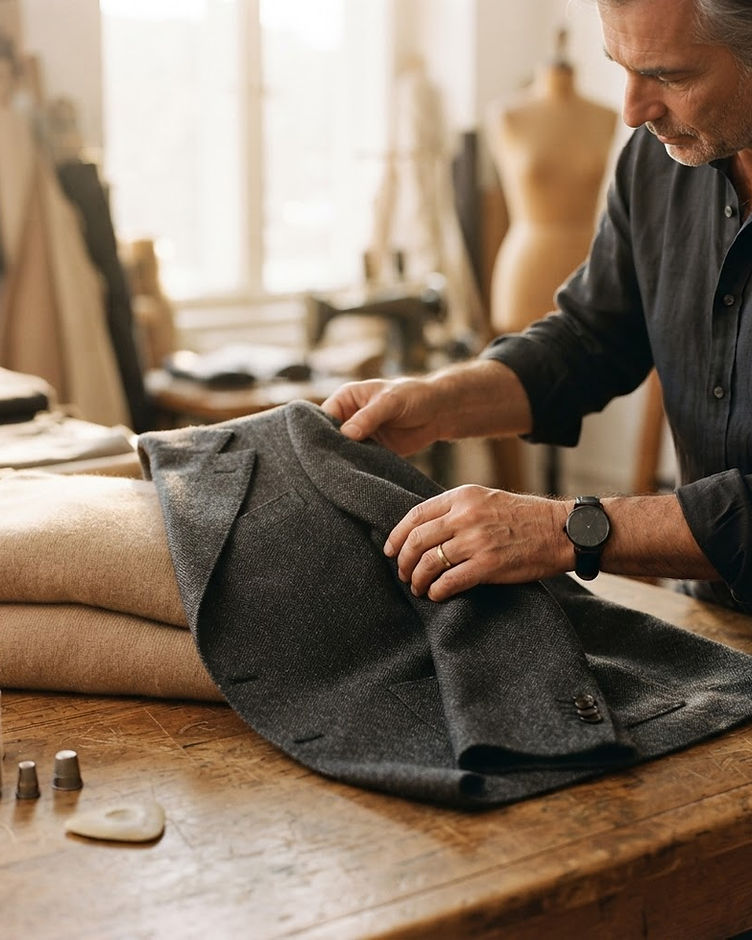 Tailor adjusting premium knitwear in an atelier