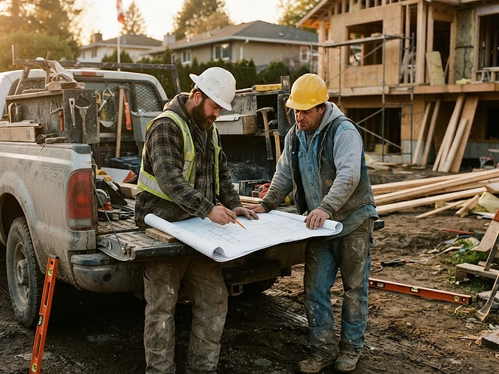 Two Canadian contractors reviewing plans on a residential renovation site at golden hour