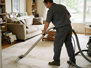 A carpet cleaning technician guiding an extraction wand across pale carpet in a bright living room