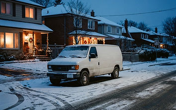 A service van in light snow on a Canadian suburban street at blue hour