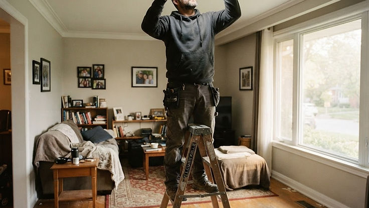 Electrician on a step ladder installing a recessed ceiling light in an Ottawa living room