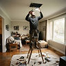 Electrician on a step ladder installing a recessed ceiling light in a Surrey living room
