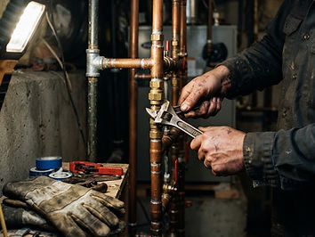 A plumber's hands tightening a copper manifold in a basement mechanical room