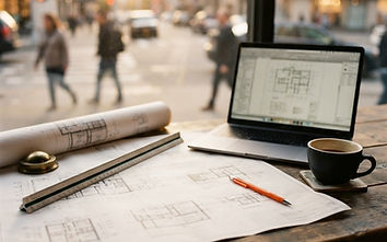A rolled construction blueprint on a work table beside an open laptop