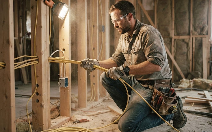 Electrician pulling new wiring through an exposed stud wall in a Vancouver house