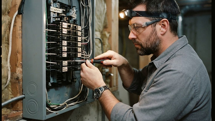 Electrician tightening a breaker connection inside an open residential electrical panel in Calgary