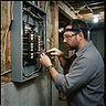 Electrician working inside an open residential electrical panel in a Burnaby home