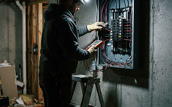 An electrician working inside a residential electrical panel with a headlamp