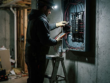 An electrician working inside an open residential electrical panel in a dim basement