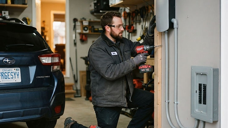 Electrician installing a Level 2 EV charger on a garage wall in an Edmonton home