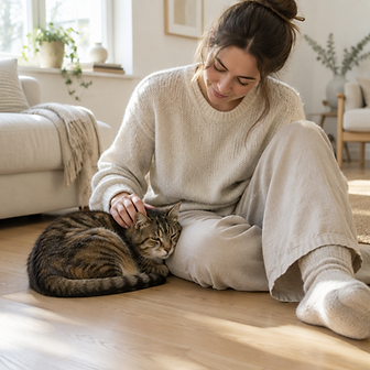 An owner sitting with an elderly cat