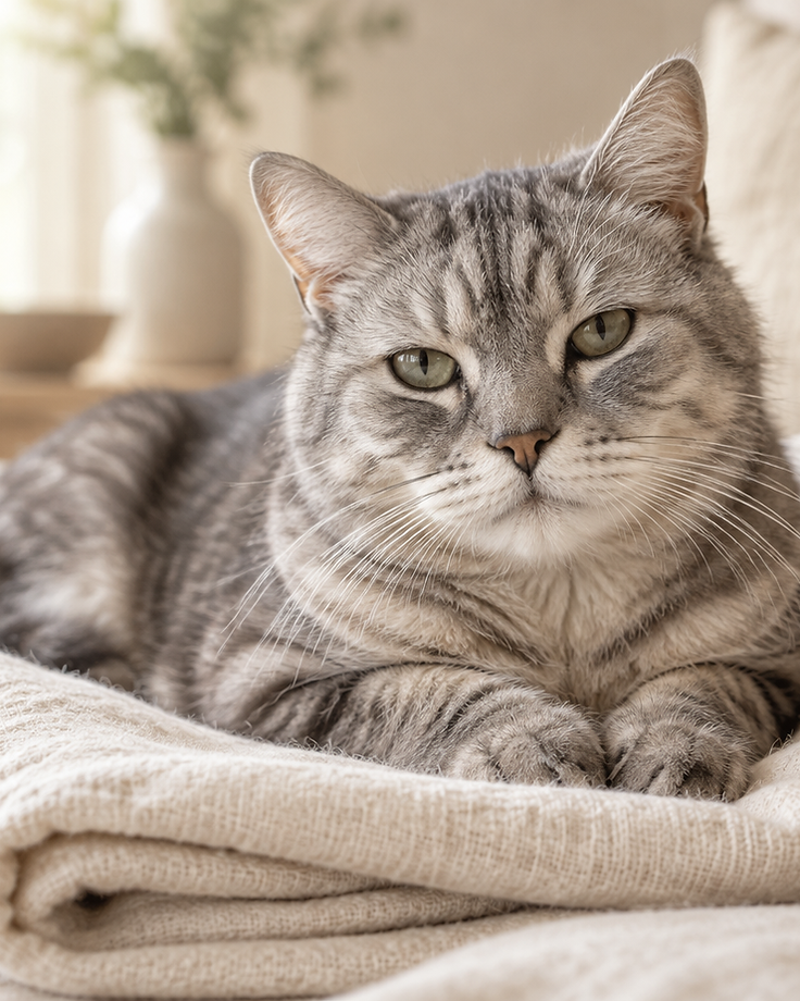 A senior cat resting on a soft blanket in morning light