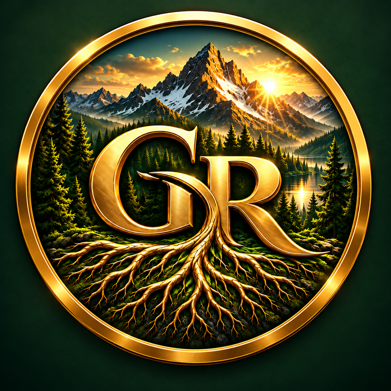 GOLD ROOT mountain and roots emblem