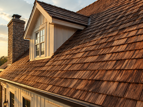 New cedar shake roof on a heritage farmhouse in warm evening light