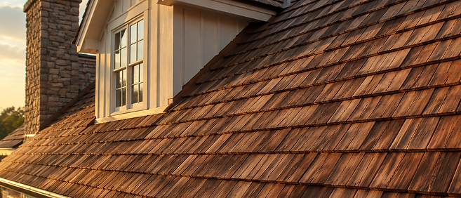 Close-up of fresh cedar shakes on a farmhouse roof