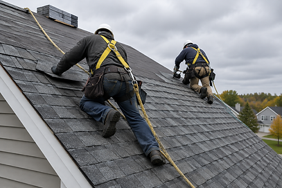 Rafterloom roofers in safety harnesses laying grey shingles on a steep roof
