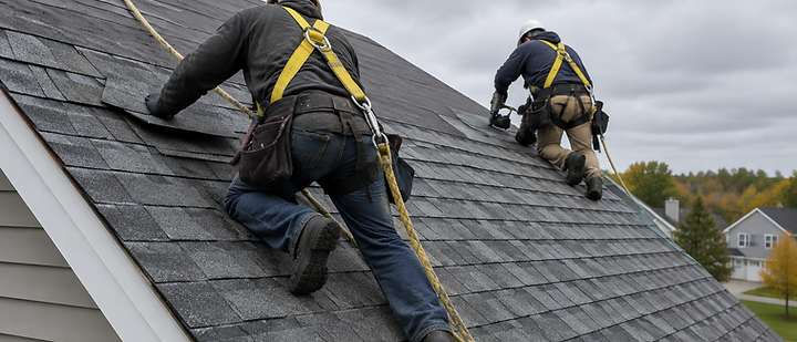Rafterloom roofers in harnesses installing shingles on a steep pitch