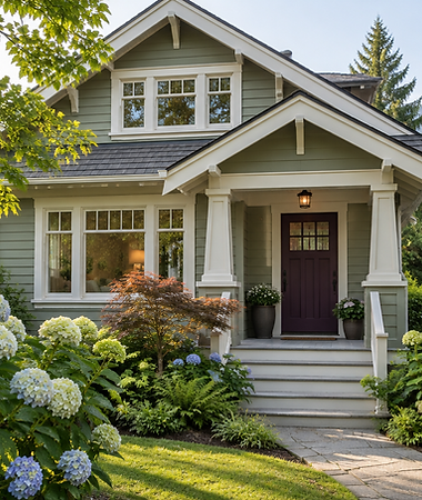 Illustrative Burnaby craftsman home with sage siding, white trim and an aubergine front door