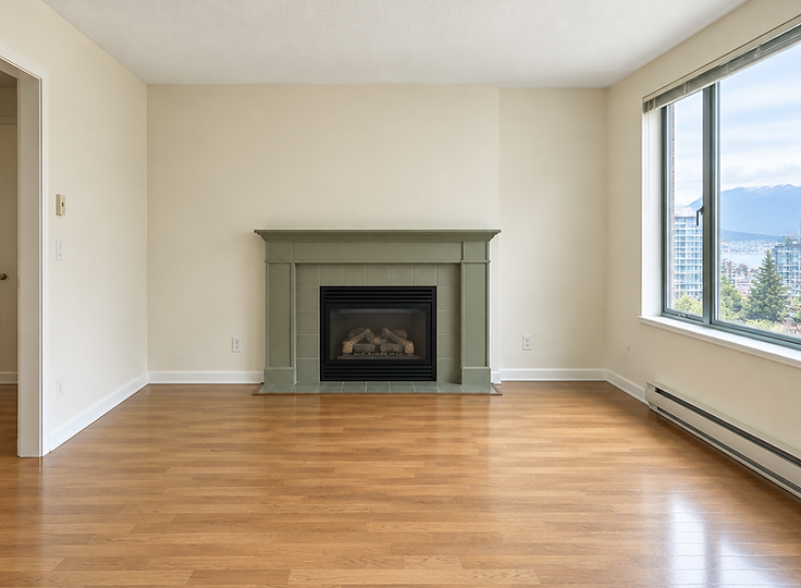 Illustrated living room refresh with warm ivory walls and a sage fireplace