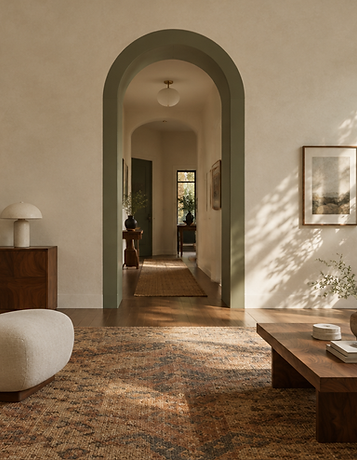 Sunlit living room with warm ivory walls, a sage archway and a cream lounge chair