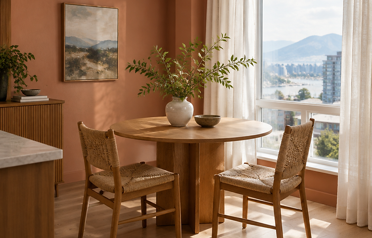 Warm peach dining nook with a round oak table, woven chairs and soft linen curtains