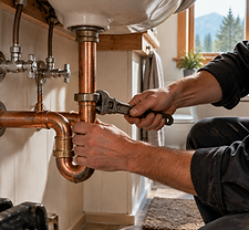 Hands repairing copper plumbing beneath a residential sink