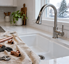 A new brushed steel kitchen faucet beside a plumber’s tools