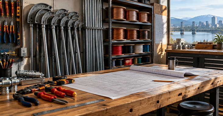 Conduitfolk Electric workshop bench in New Westminster with steel conduit benders, copper wire spools, and blueprints.