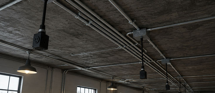 Parallel runs of exposed galvanized EMT conduit and cast-iron junction boxes mounted across a dark concrete ceiling in a commercial space.