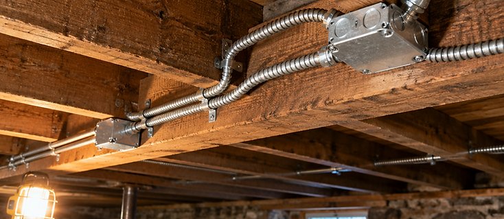 Galvanized steel junction boxes and flexible metallic conduit neatly secured along old-growth Douglas fir floor joists in a heritage basement.