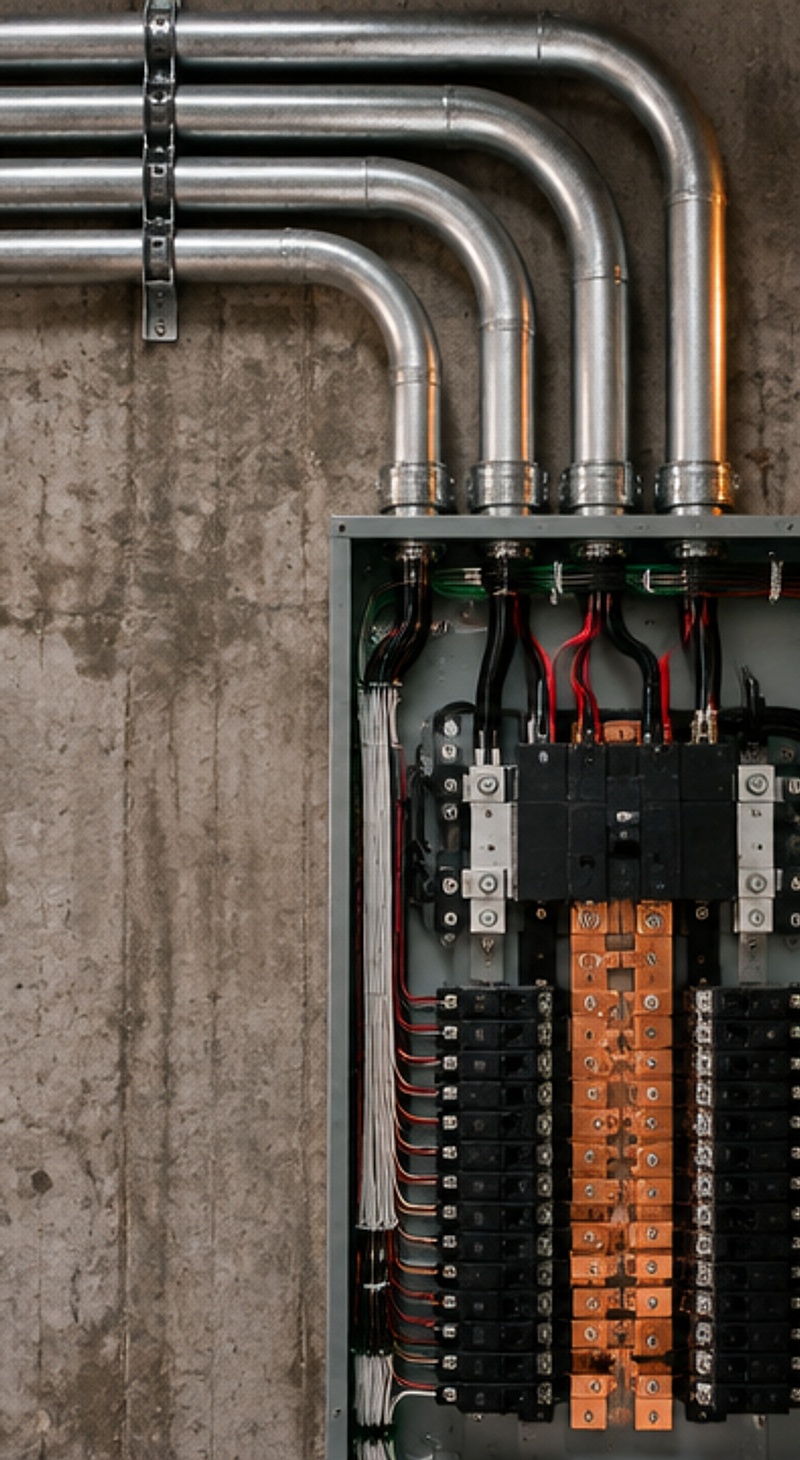 Galvanized steel electrical conduit runs and an open 200-amp copper busbar breaker panel mounted on a concrete basement wall in New Westminster.
