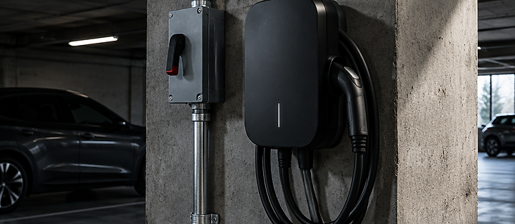 Matte-black hardwired Level 2 EV charging station mounted on a concrete garage column fed by vertical rigid steel conduit.
