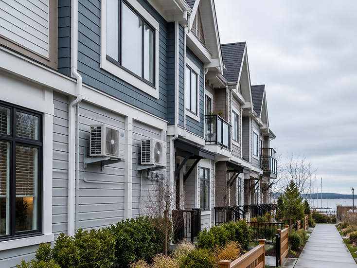Modern townhouse row in Steveston with two compact outdoor heat pump units mounted neatly on wall brackets.