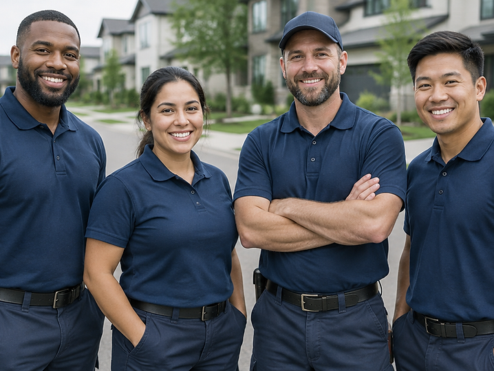 The Cloudcoil Comfort team of four technicians in navy polo shirts standing together on a quiet Richmond residential street.