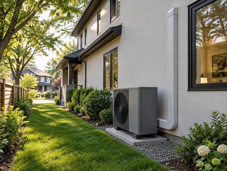 Large modern family home on a leafy street with a clean outdoor heat pump unit and tidy line-set cover in the side yard.