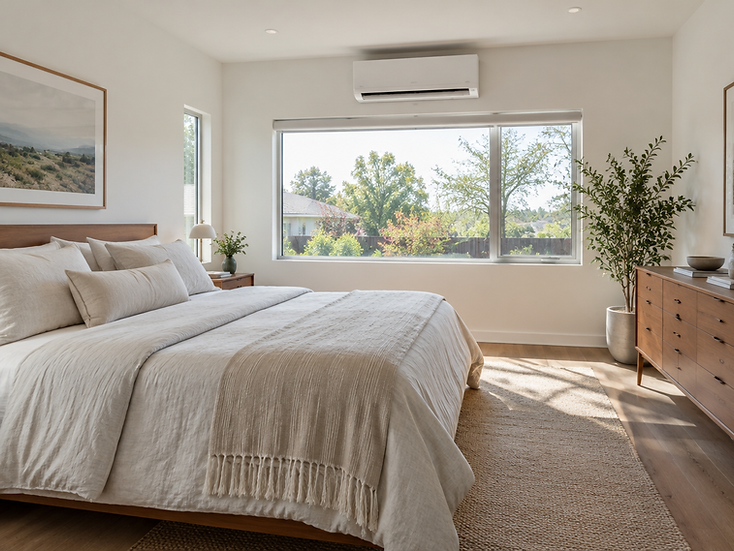 Bright renovated bedroom with a white ductless mini-split unit mounted above the window and linen bedding.
