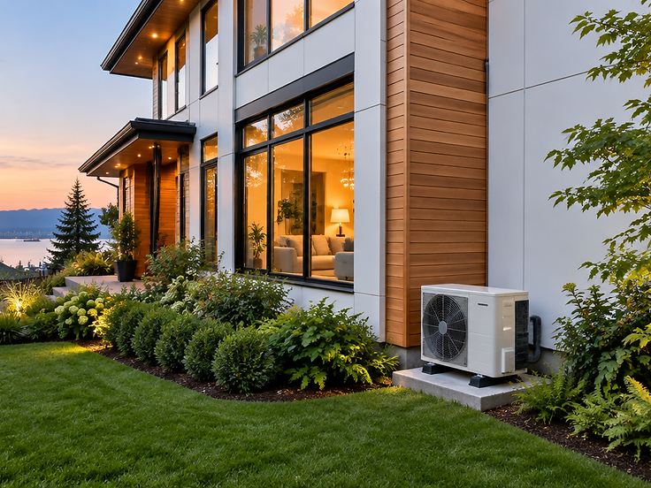 Modern West Coast home at dusk with warm windows and a compact heat pump on a concrete pad beside the house.