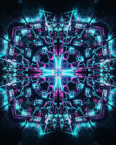 Neon light on wet asphalt, mirrored into a cyan and magenta grid.