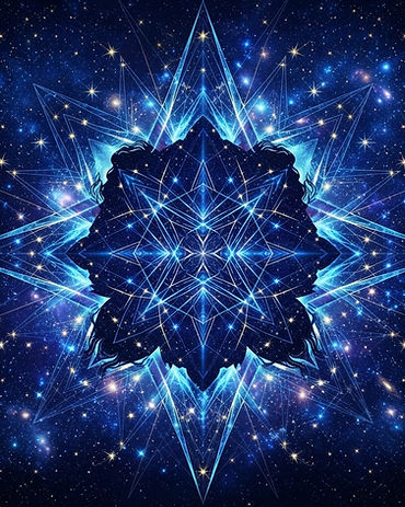 A silhouette against a starry sky, mirrored into a geometric pattern.