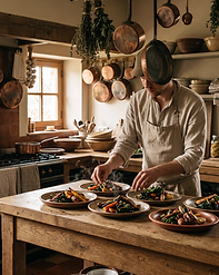 A cook in a linen apron plating seasonal dishes on the wooden island of the estate kitchen at Mas El Regalo, with copper pans, dried herbs and terracotta tiles in warm afternoon light.