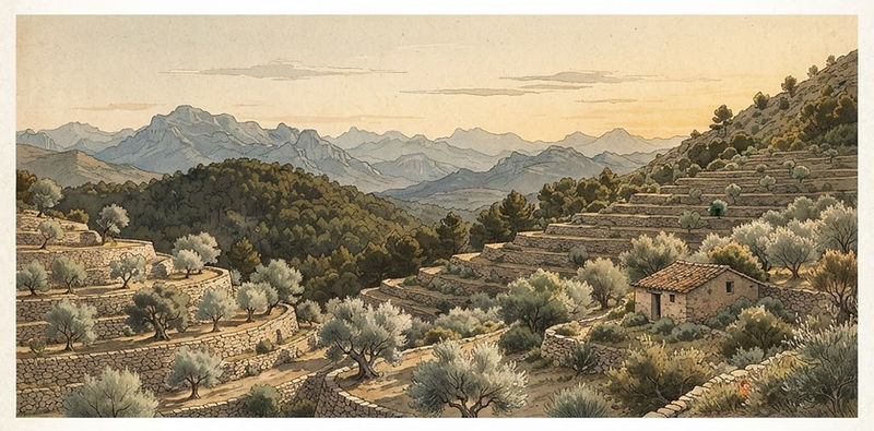 Illustrated panorama of the Mediterranean hillside above Ibi: dry-stone terraces, almond and olive trees, pine woodland and distant limestone ridges in late afternoon light.