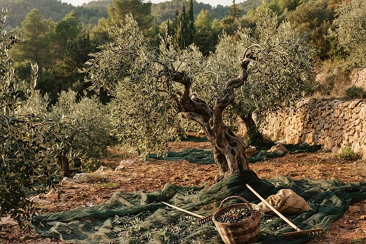The autumn olive harvest at Mas El Regalo near Ibi: olive nets spread on reddish earth beneath old silver-green trees, wicker baskets of olives and long golden afternoon light.