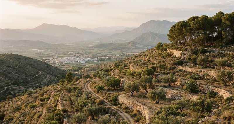 Terraced almond and old olive groves held by dry-stone walls on the hillside at Mas El Regalo near Ibi, Alicante, with umbrella pines on the ridge and the hazy valley and mountains beyond in late afternoon light.