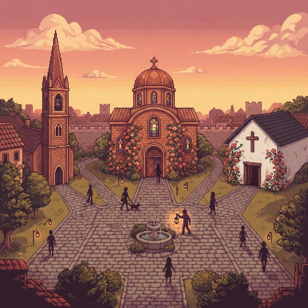 Plaza en cruce al atardecer con tres senderos hacia tres edificios distintos: una iglesia con cúpula, una sala blanca con una cruz sencilla y un campanario estrecho.